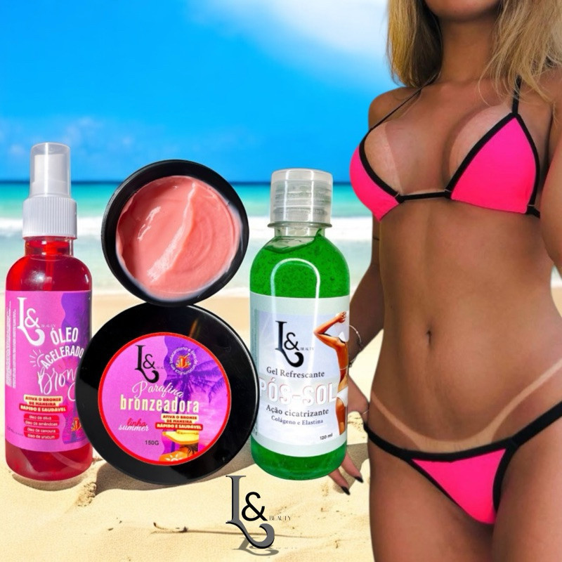 Kit Bronzeador 150ml + Parafina Aceleradora L&Beauty Marquinha De Fita Biquíni +Pós sol Cicatrizante em Oferta na Shopee