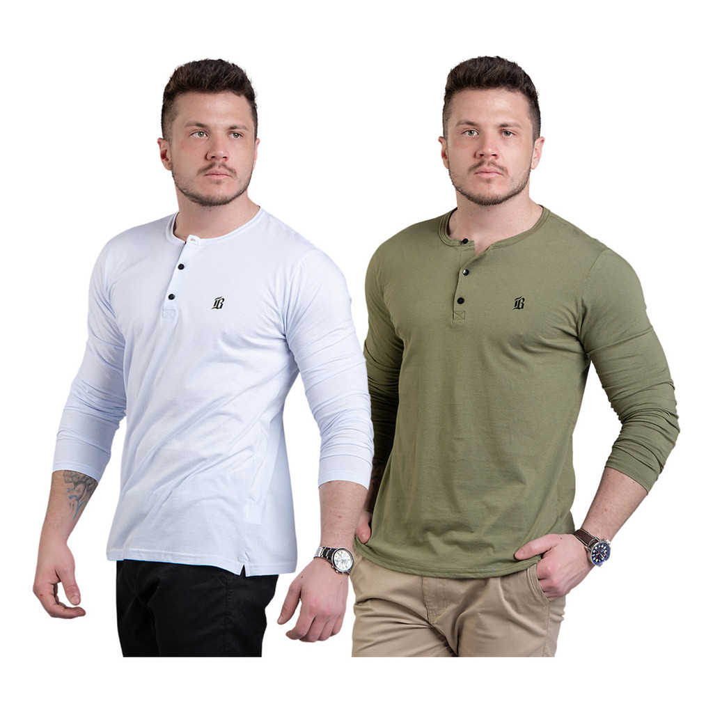 Kit 2 Camisetas Henley Manga Longa Slim Algodão Fit Top