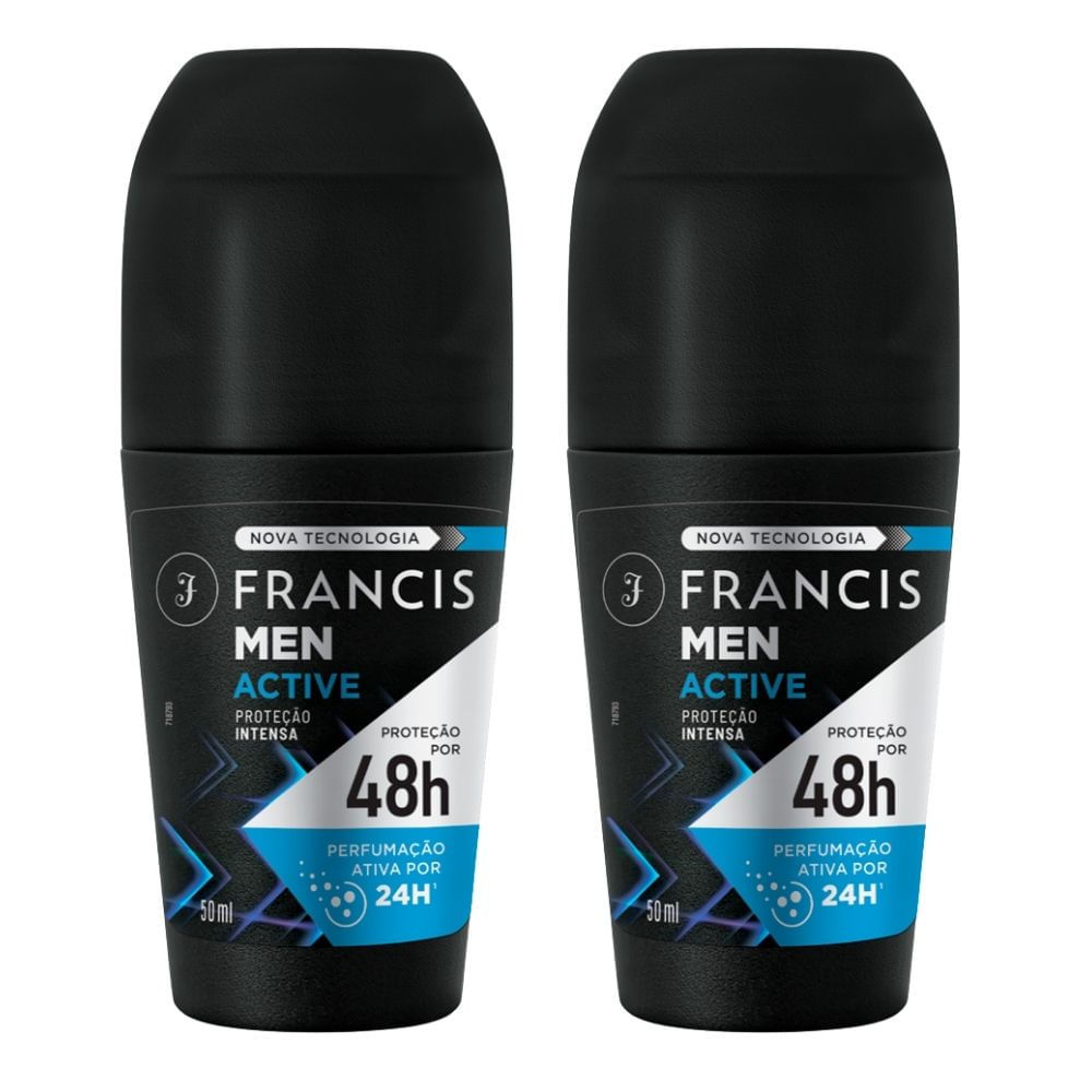 Kit 2 Desodorante Francis Men Active Roll-On Antitranspirante 48h 50ml em Oferta na Shopee