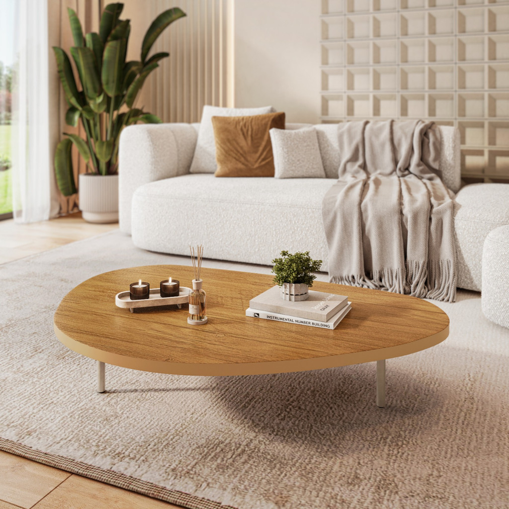Mesa de Centro Orgânica em Madeira Design Moderno Pé Metálico Sala de Estar
