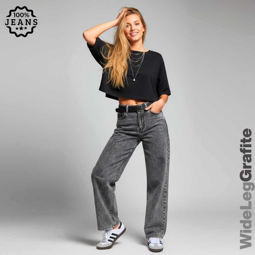 Calça Jeans Wide Leg Feminina Marmorizada Grafite Alta Sem Lycra Premium Tendência Cintura Alta 34 ao 44