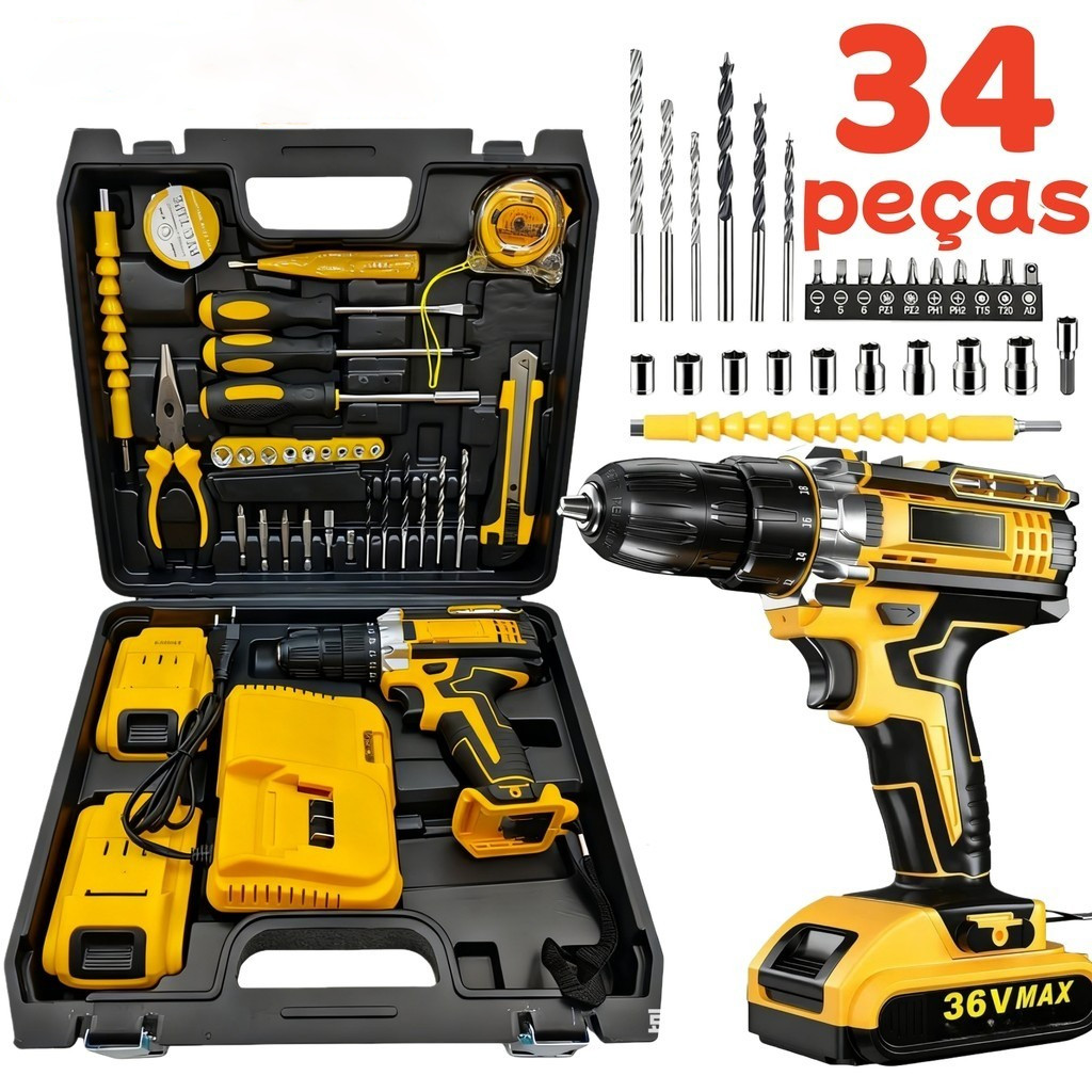 Parafusadeira Furadeira 48V 2 Bateria 3 funções de Elétrica Sem Fio Impacto Completo Acessórios