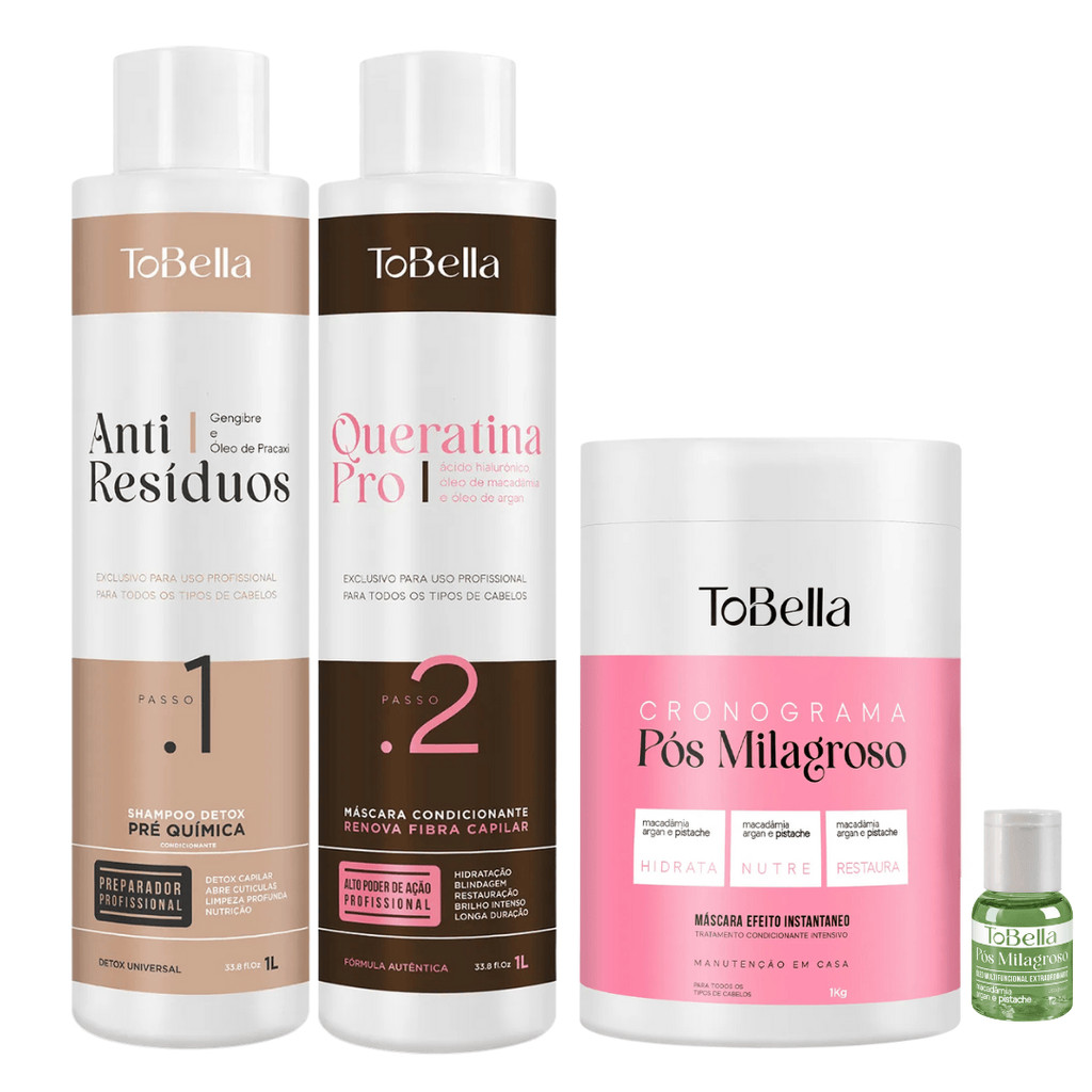 Kit Profissional ToBella | Escova Progressiva Queratina Pro + Mascara Pós Milagroso | 2x1l + 1Kg