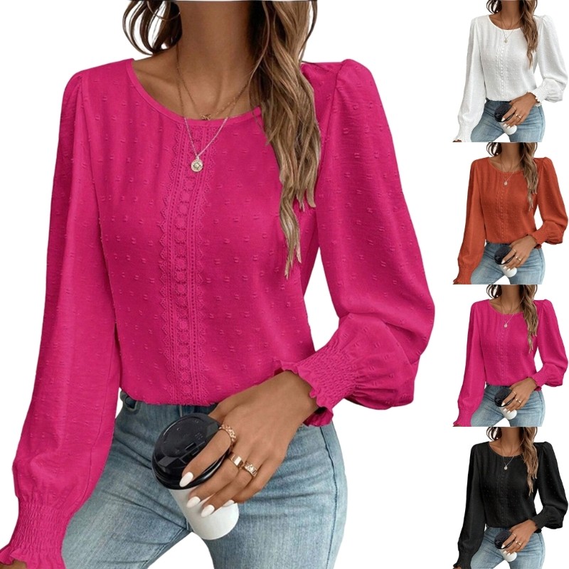 Blusa Feminina Estone Com Decote Em V Boêmia De Manga Comprida Bolinhas E Detalhes Renda Fluida Crochê-casual