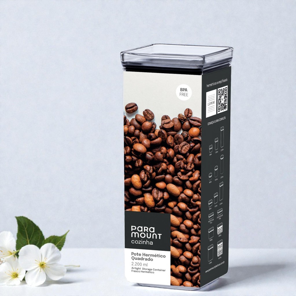 Pote Hermético Lumini 2.2L Quadrado | Organizador Mantimentos Transparente Empilhável BPA Free