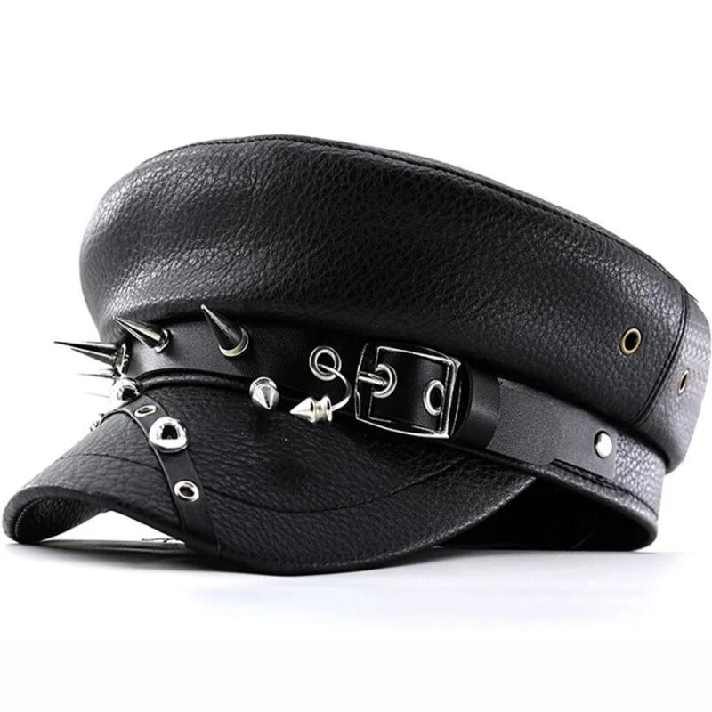 Novo Boné Feminino Moderno em Couro PU Preto, Estilo Militar com Topo Reto, Boné de Jornaleiro Feminino da Moda, Estilo