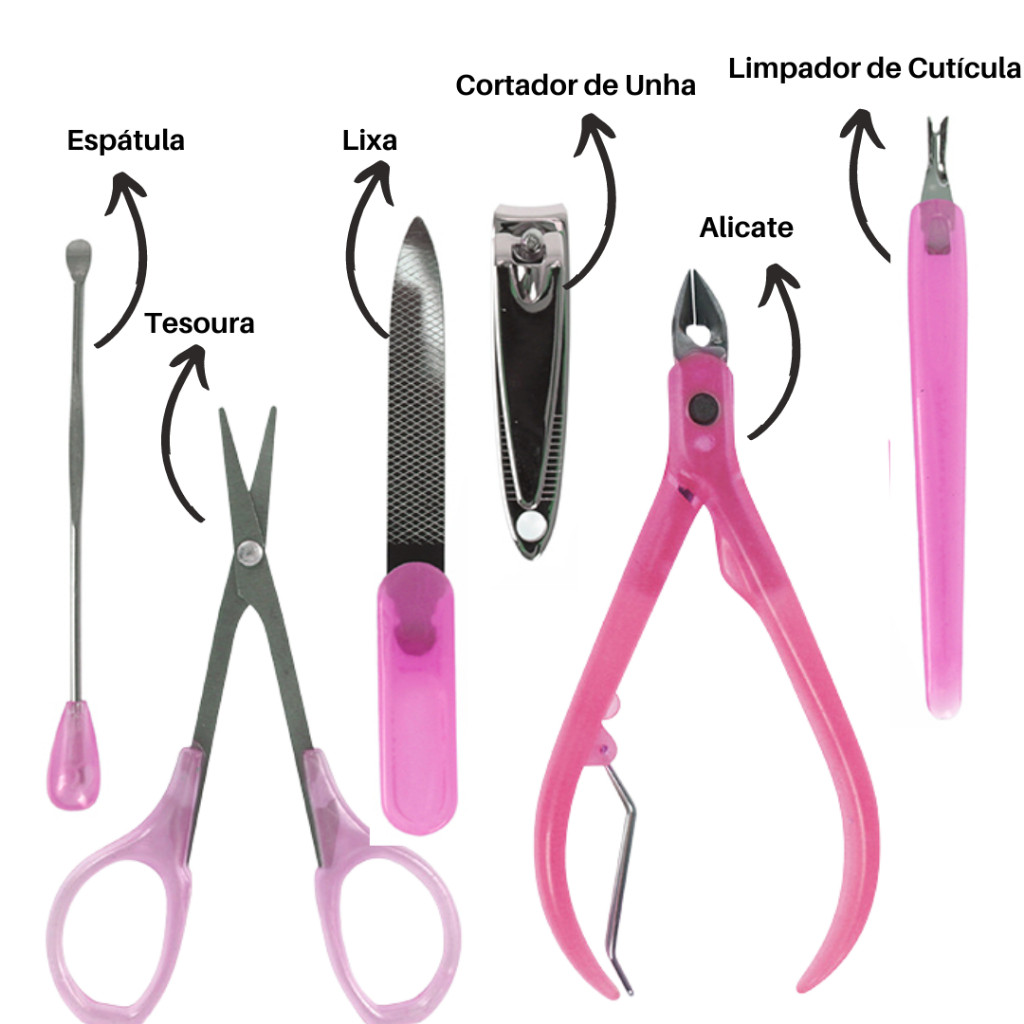 kit Manicure Alicate de Cutícula + Lixa + Cortador de Unha + Tesoura + Espátula+Limpador de Cutícula