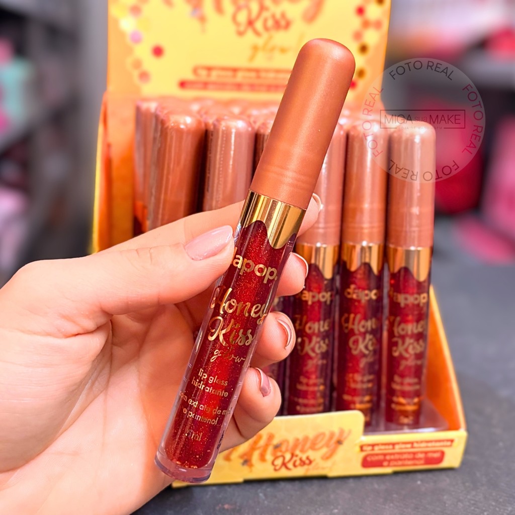 Gloss Labial de Mel com Brilho Efeito Natural Glitter Honey Kiss Super Hidratante Dapop