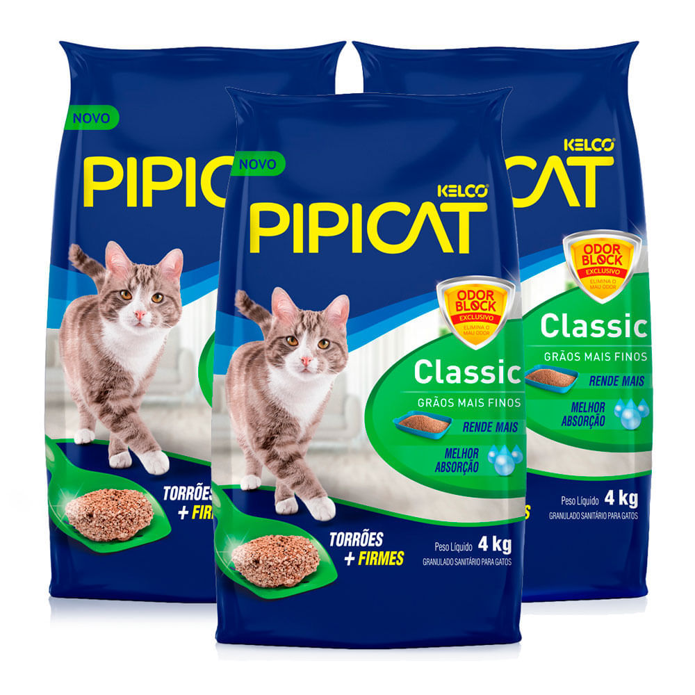 Kit 3 Areia Higiênica Pipicat Classic para Gato com 4kg em Oferta na Shopee