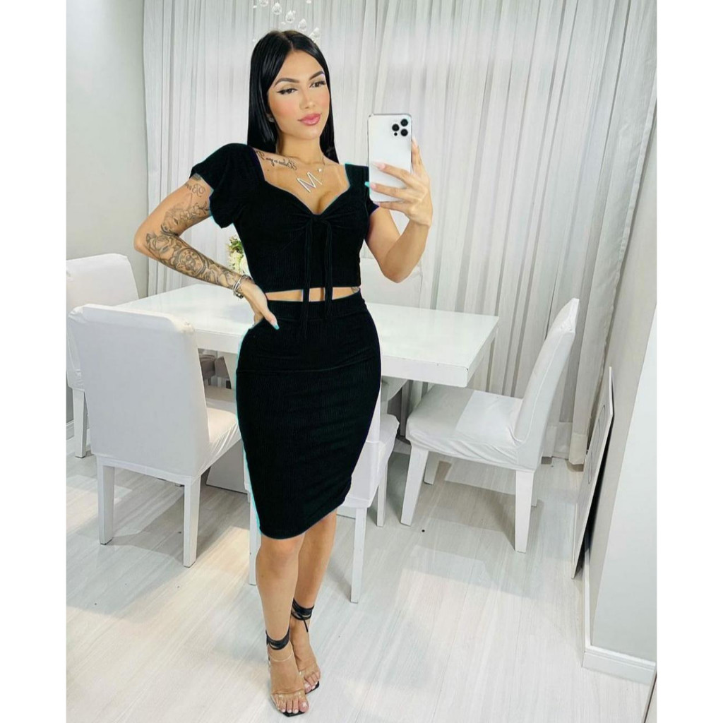 REF 021 - Conjunto cropped e saia feminino canelado midi em Oferta na Shopee