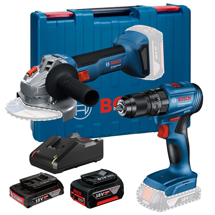 Parafusadeira 1/2" GSB 185-LI + Esmerilhadeira  GWS 18V 8 + 1 Bateria 18V 2Ah + 1 Bateria 18V 4Ah + Carregador Bosch