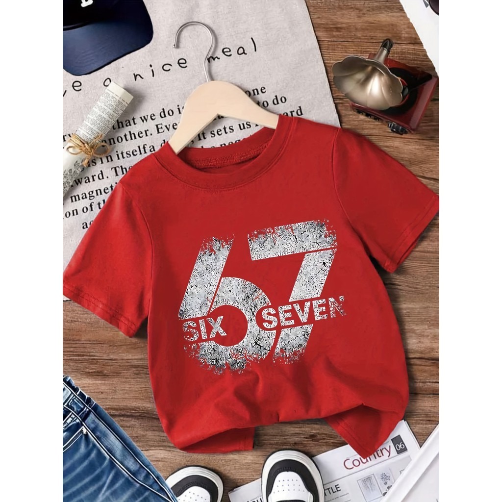 Camiseta 100% Algodãopara Meninos com Estampa do Número 67 - Manga Curta, Gola Redonda em Oferta na Shopee