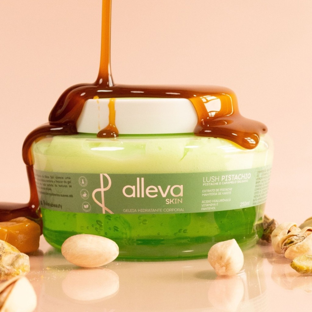 Detalhes do Geleia Hidratante Corporal Alleva Pistache Caramelo Salgado c/ Textura Leve Perfumada Lush Pistachio