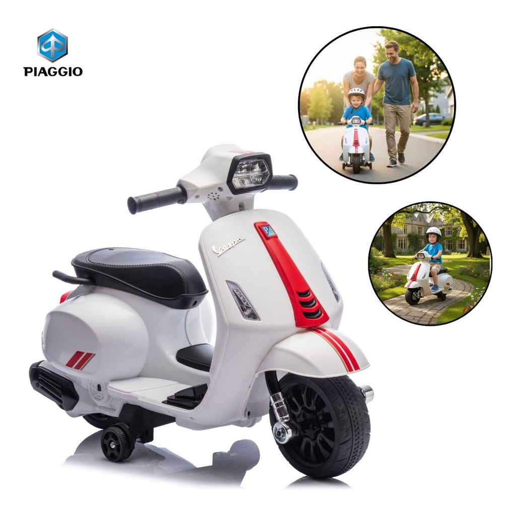 Mini Moto Elétrica Infantil 6V Branco Estilo Vespa com Som, Luz, Movimentos Frente e Ré e Design Clássico Italiano