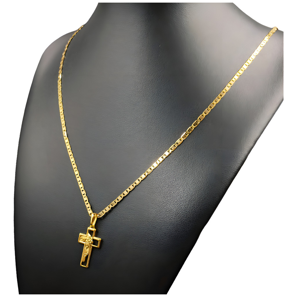 Corrente Piastrini + Pingente  Cruz Rosto de jesus vazado