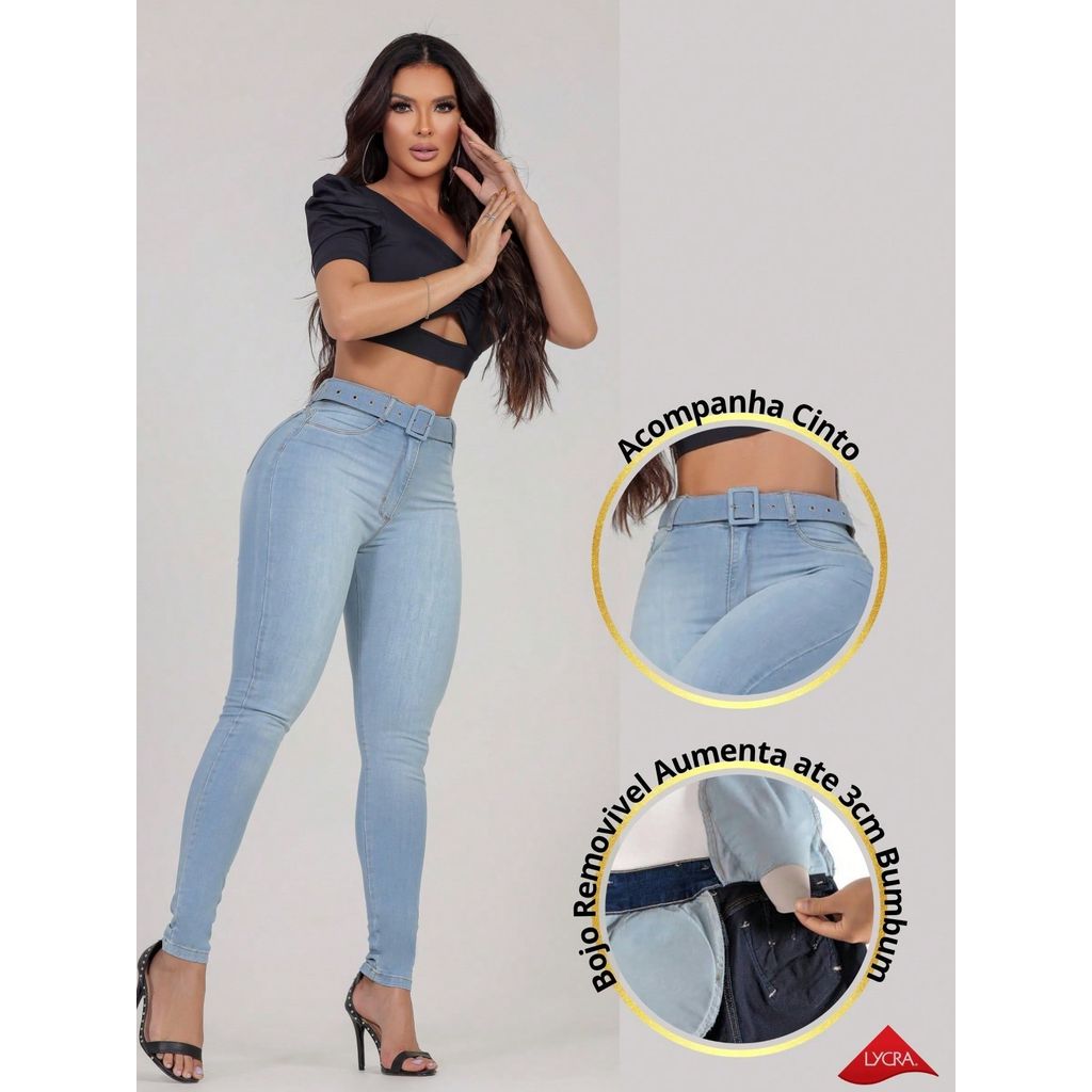 Calça Modeladora Feminina Estilo Pitbull Jeans com Bojo Removível Azul Claro Cinto Lycra