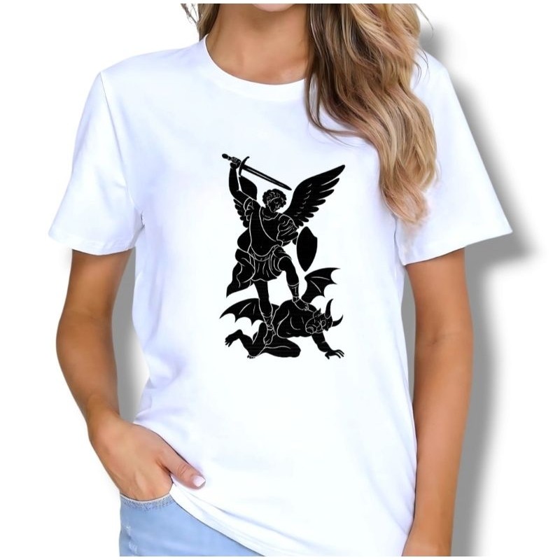 Camiseta Camisa Premium Tshirt Camiseta Baby look feminina Estampa São Miguel Arcanjo Estampa Católica Malha Premium Blu