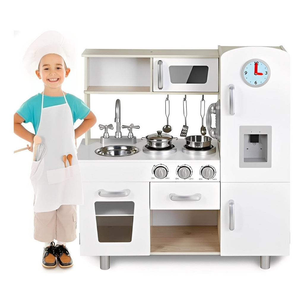 Cozinha Infantil Grande MDF Bege com Geladeira Fogão Pia Torneira e Micro-ondas Brinquedo Realista Completo Mini Chef em Oferta na Shopee