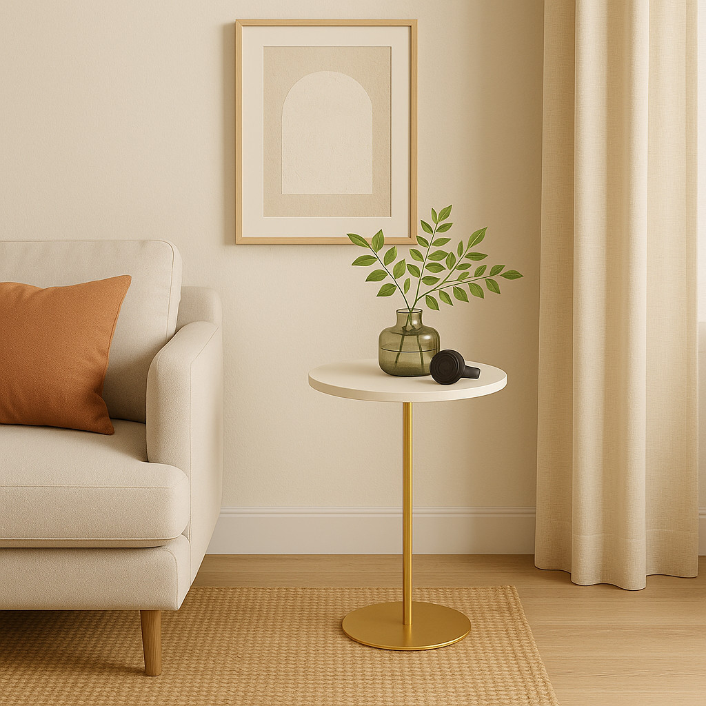 Mesa Mesinha de Canto Apoio Lateral Metal Dourada com Tampo Off White com Vidro Sala Quarto