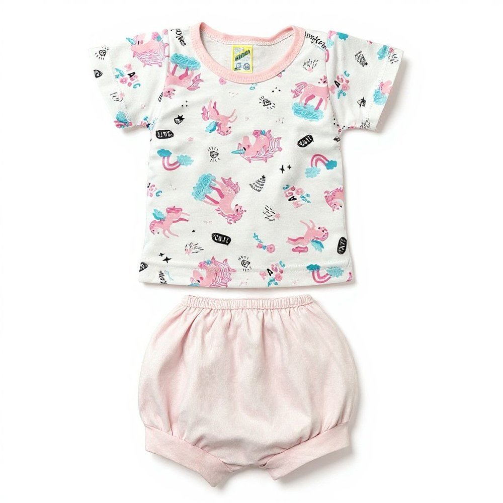 Pijama Bebê Curto Rosa Unicórnio Feminino Baratinha Tecido Malha - (P/M/G/1/2/3)