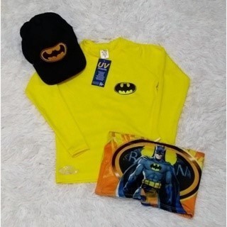 Sunga infantil + Camisa Lisa UV + Boné - Proteção Solar UV 50 - Conjunto UV para meninos Batman - Praia