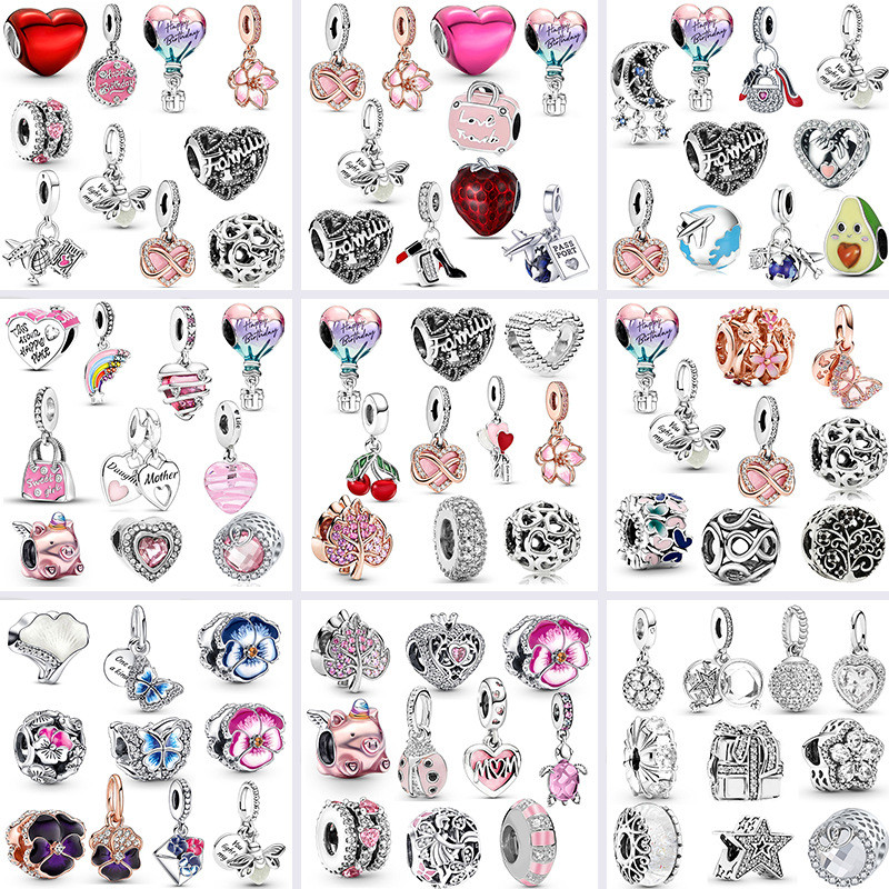 10 Pçs/Berloques De Prata 925 Clássico Charme Borboleta Flor Pulseira Acessórios Salto Alto Colar Moda Conjunto Jóias