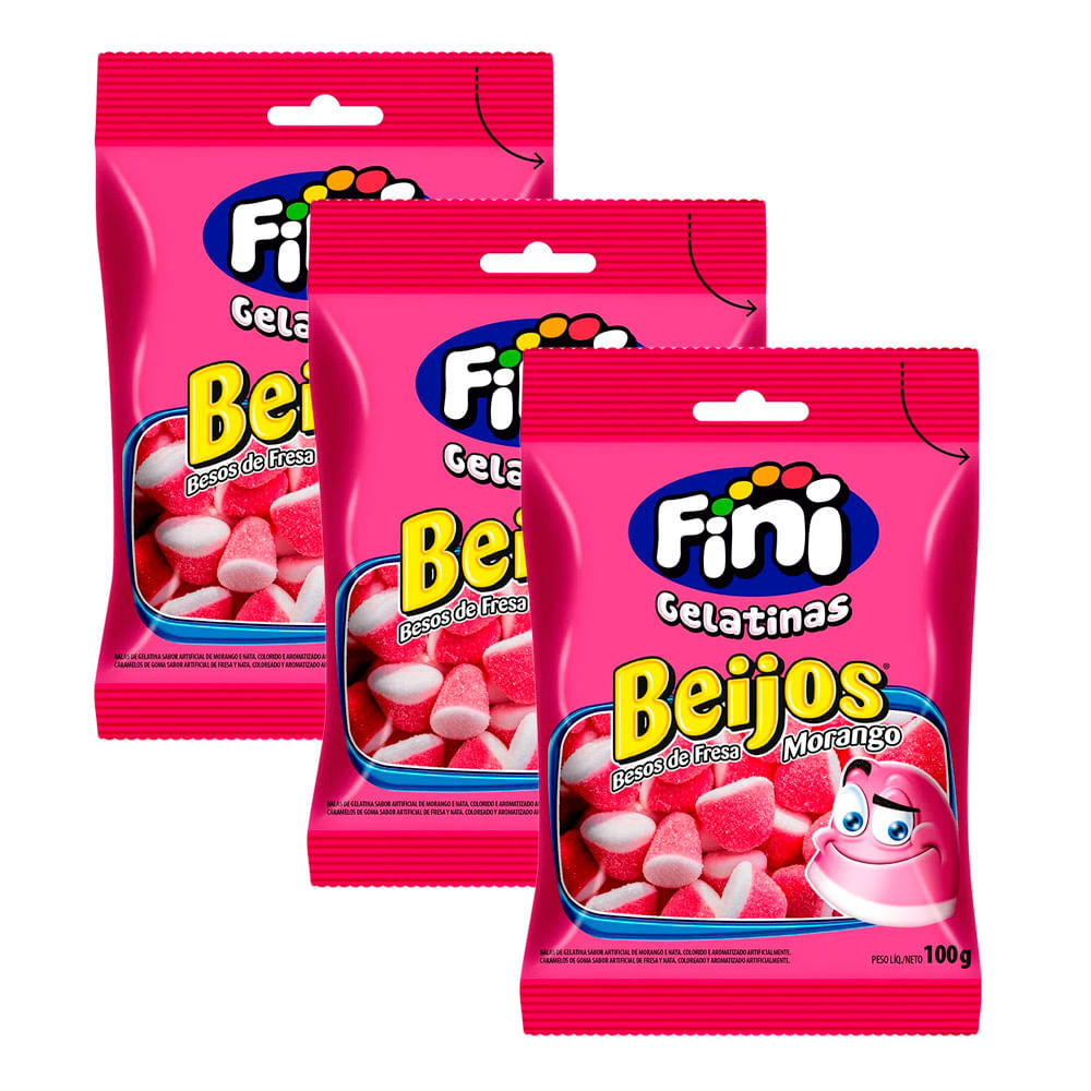 Kit 3 Balas de Gelatina Fini Beijos de Morango 100g