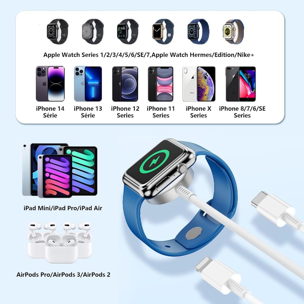 Carregador 3 em 1 com Magnético para Relógio - Lightning, Tipo-C e Indução + Cabo de 1.2m