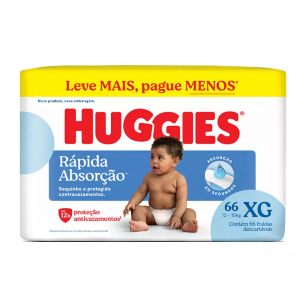 Fralda Descartável  Huggies Rápida Absorção - Tamanho XG- Com 66 Unidades em Oferta na Shopee