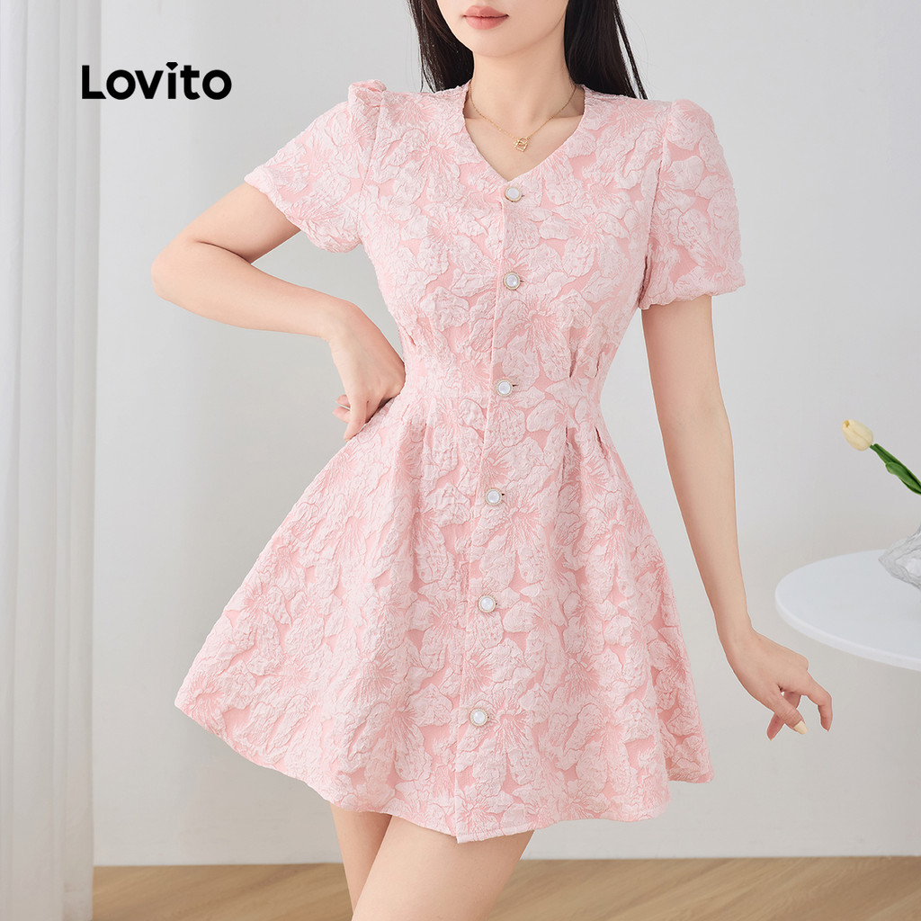 Lovito Vestido Floral Com Botão Drapeado Plissado Tecido Vestido De Verão/Primavera Para Mulheres L129AD1051 em Oferta na Shopee