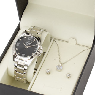 Relógio Feminino Champion Prata Fundo Preto Kit Colar e Brincos CN28446P em Oferta na Shopee