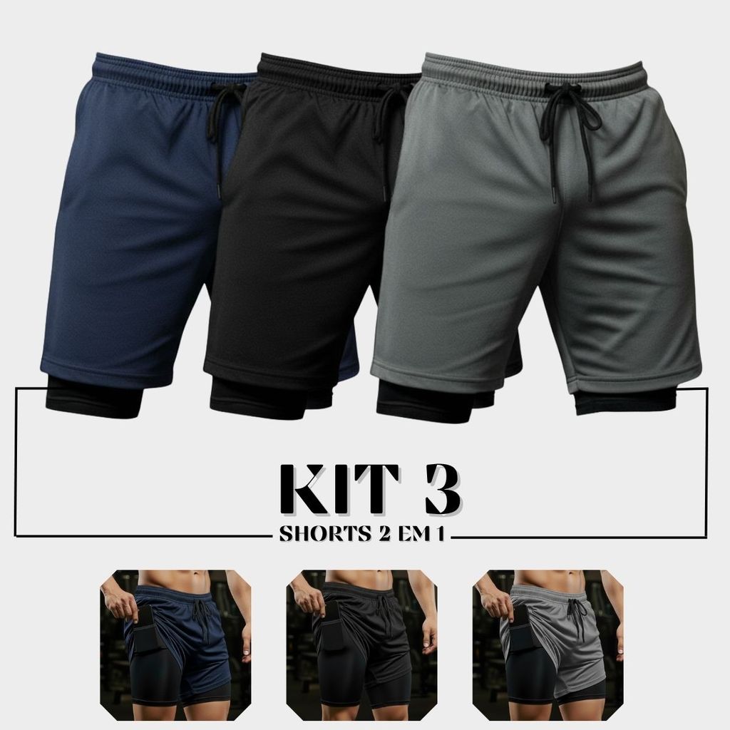 Kit 3 Shorts Masculina Bermuda 2 Em 1 Para Corrida Com Compressão Forro