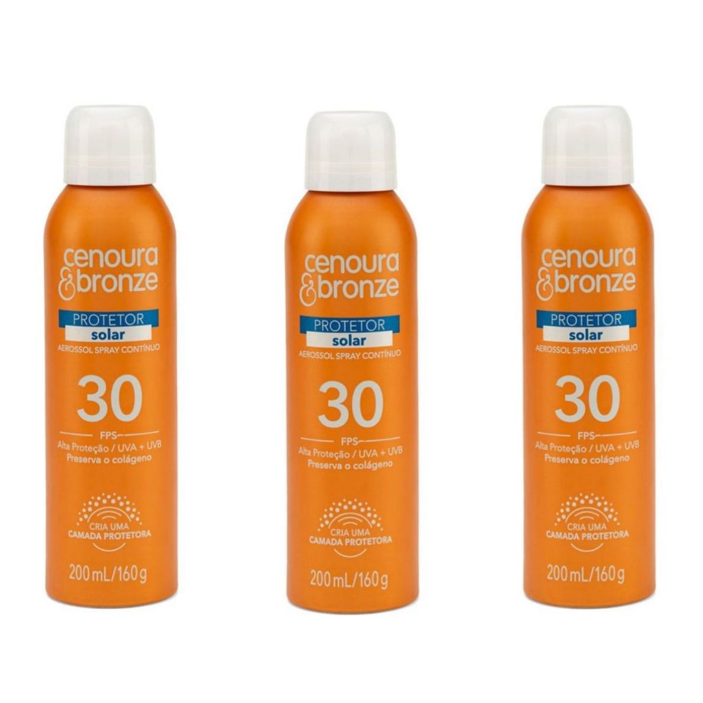 Kit 3 Protetor Bloqueador Filtro Solar FPS30 Cenoura & Bronze Spray Resistente a Água e Suor 200ml