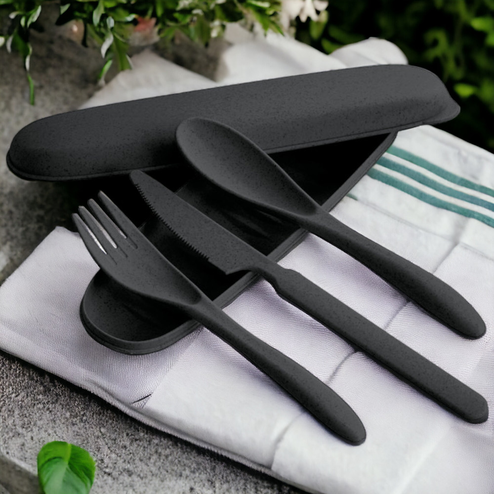 Conjunto De Talheres Fibra De Bambu Estojo Colher Garfo Faca