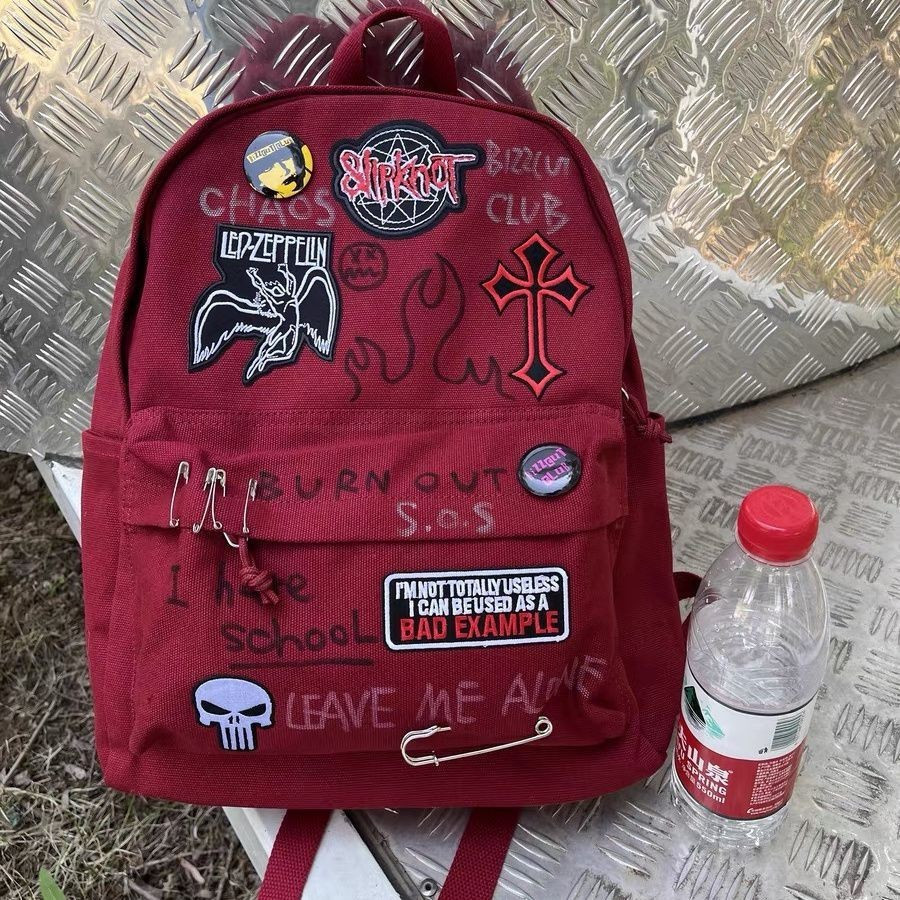Mochila de Estudante de Grande Capacidade Vinho Caseiro Red Rock Punk Y2K para Mulheres e Homens de Lazer 0271