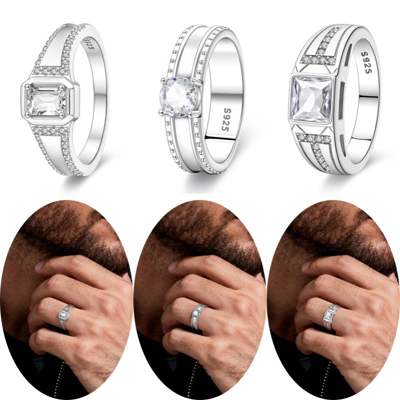 Anel masculino S925 prata esterlina simples quadrado diamante anel masculino geométrico quadrado diamante anel masculino