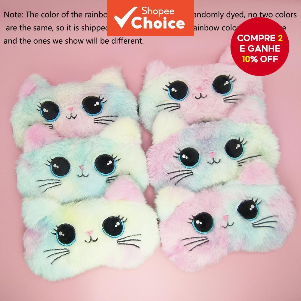 Novo Máscara de Olhos de Pelúcia Fofa para Dormir com Padrão de Gato 3D Colorido Arco-íris - Máscara de Sombreamento
