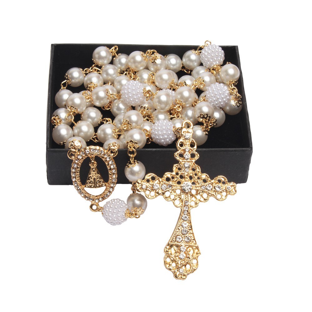 Terço De Noiva Banhado A Ouro Perolas Brancas Aparecida em Oferta na Shopee