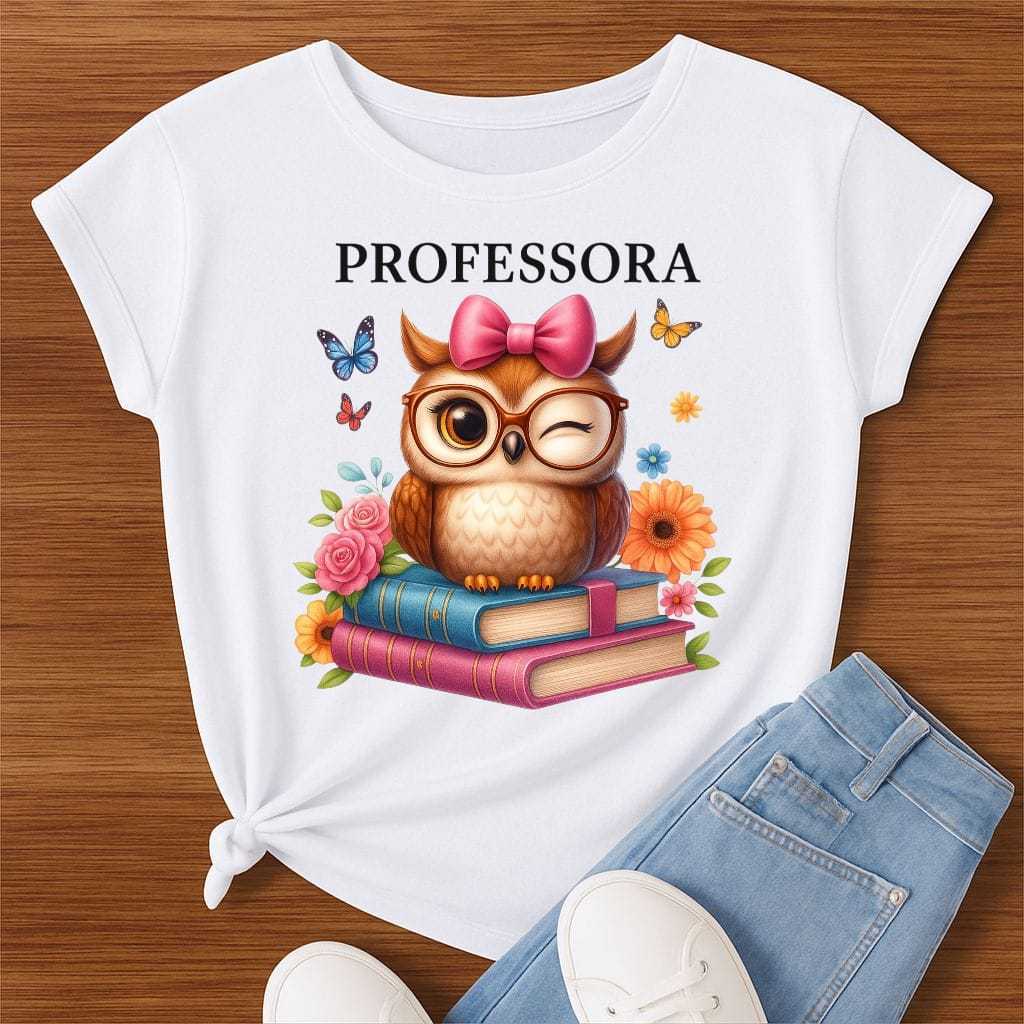 T-shirt 30.1 Camiseta Professora Feminina Estampa Coruja Fofa com Livros – Presente Criativo Educadora Premium Envio Ime
