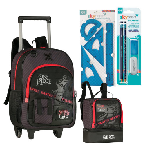 Kit One Piece Mochila Rodinha Com Lancheira Térmica Preta Vermelha e Materiais Escolar Masculino Clio Style