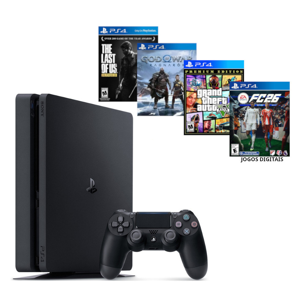 Sony Playstation 4 500gb Ps4 Slim + Ea Fc Fifa 26 + God Raganarok + Gta 5 + The Last Of us Part I + 40 Jogos
