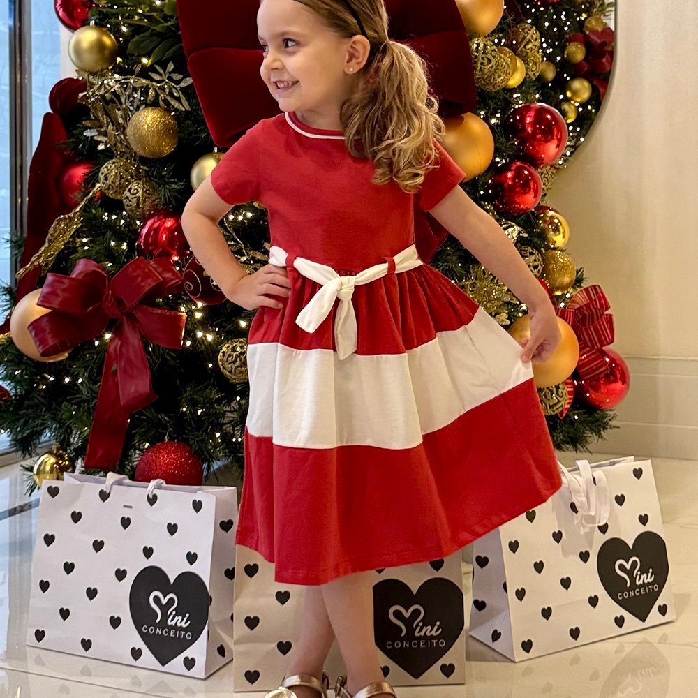Vestido Infantil Longo Vermelho e Branco Recortes Rodado Laço Manga Curta Laço