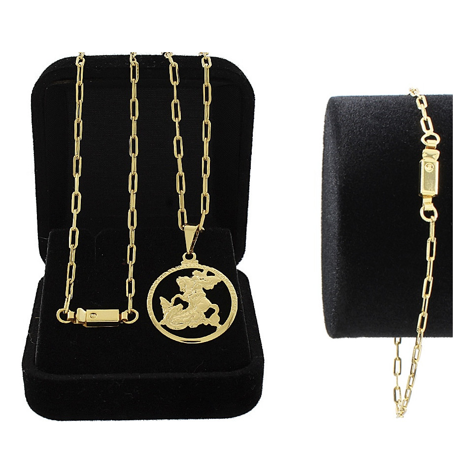 Cordão Meia Cana 2mm + Pulseira + Pingente São Jorge Dourado