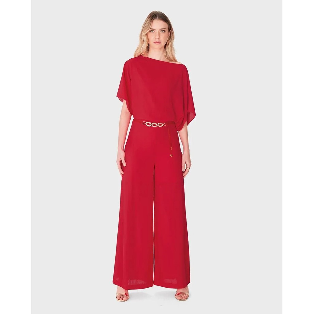 Calça Pantalona Cinto Com Corrente ACETINADO Vermelho ENFIM
