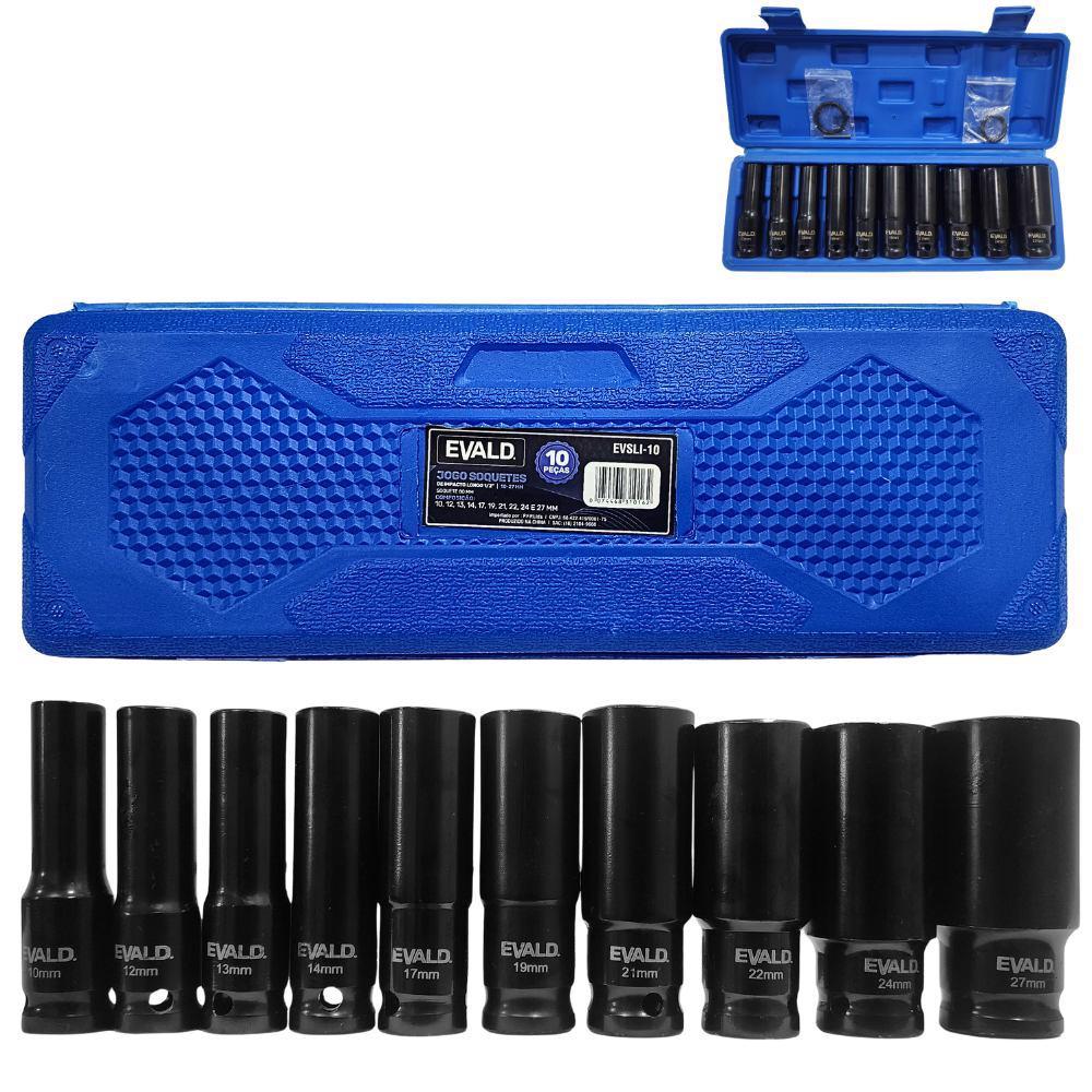 Soquetes Impacto Longo 1/2 POL 10 a 27 MM Kit 10 Peças EVALD em Oferta na Shopee