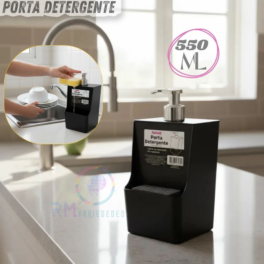 Dispenser Para Detergente Sabão Líquido Com Porta Bucha Cor Preto 550ml Preto Xplast Cozinha Pia em Oferta na Shopee