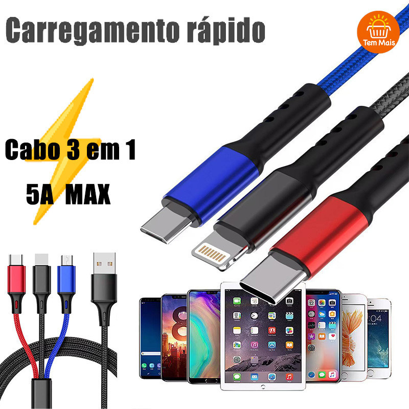 Cabo 3 em 1: Um Cabo para iPhone, Android e Todos os Dispositivos! Carregamento Rápido de Alta Velocidade！