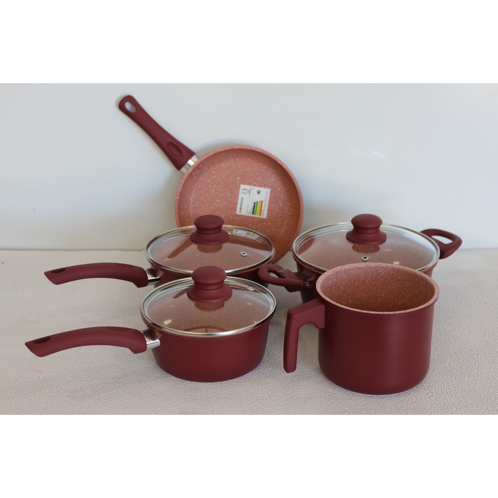 Jogo de Panelas em Cerâmica 5 Peças Wood Preto e Vermelho com Tampa de Vidro em Oferta na Shopee