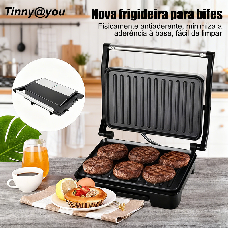 110V 1000W Sanduicheira Chapa Grill Elétrica Hamburgueira Churrasqueira Inox Hambúrguer Antiaderente TINNY YOU