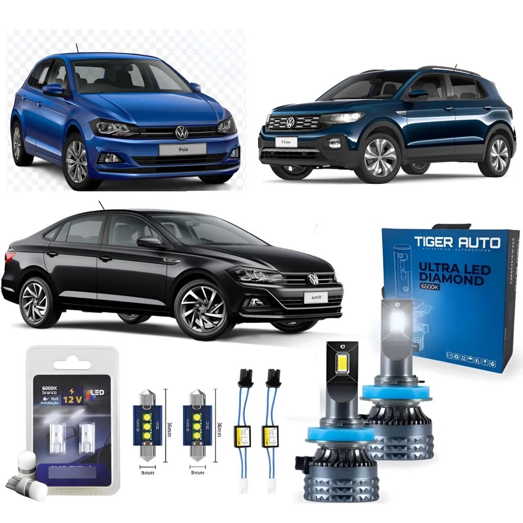 KIT FULL LED POLO VIRTUS TCROSS FAROL BAIXO MILHA LANTERNA PLACA TETO